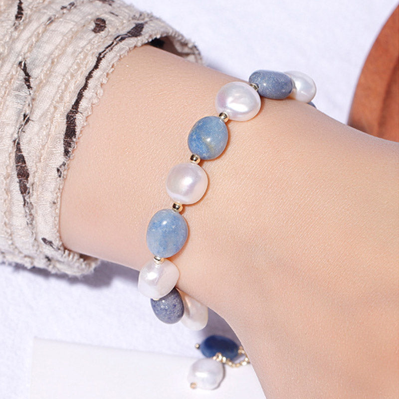 Buddha Stones Natural Blue Aventurine Crystal Pearl Bead Healing Bracelet (Extra 35% Off | USE CODE: FS35)