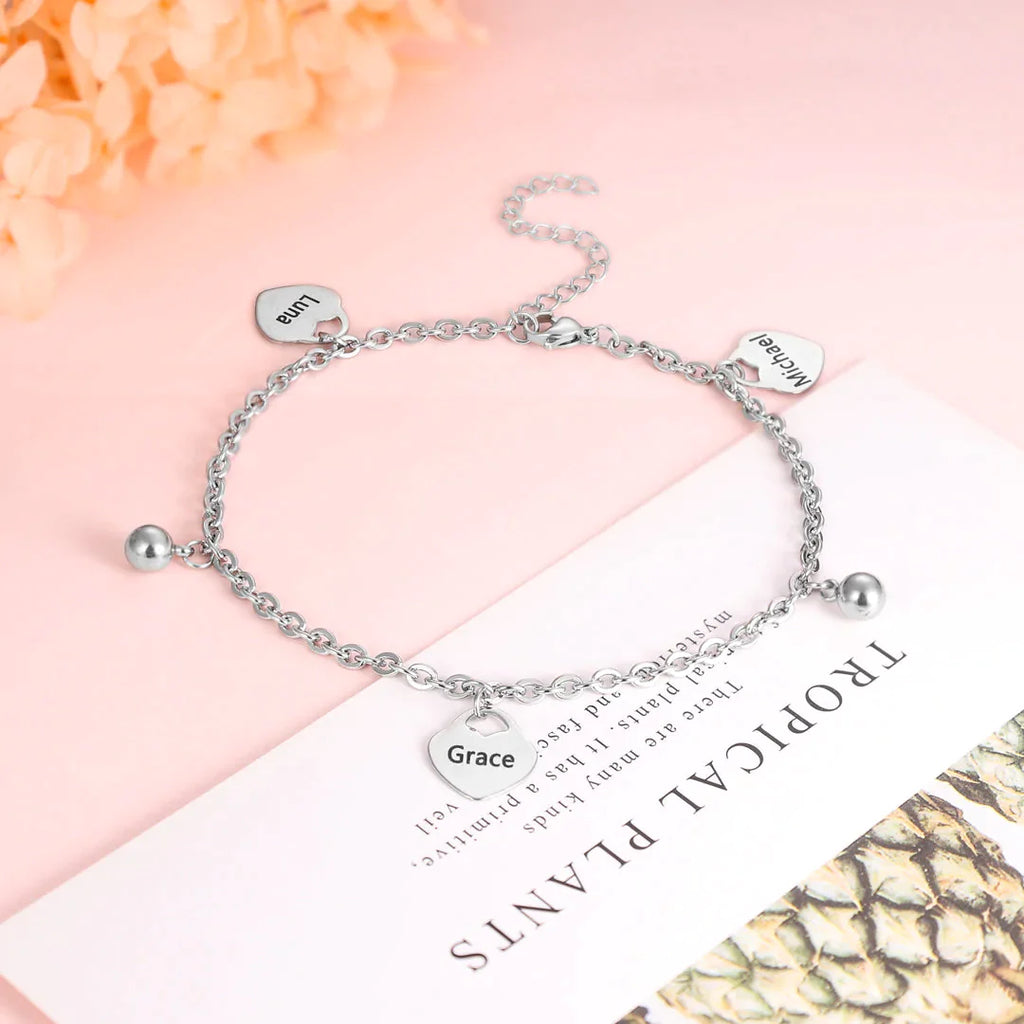 Personalized Heart Anklet Custom 3 Names Anklet for Women